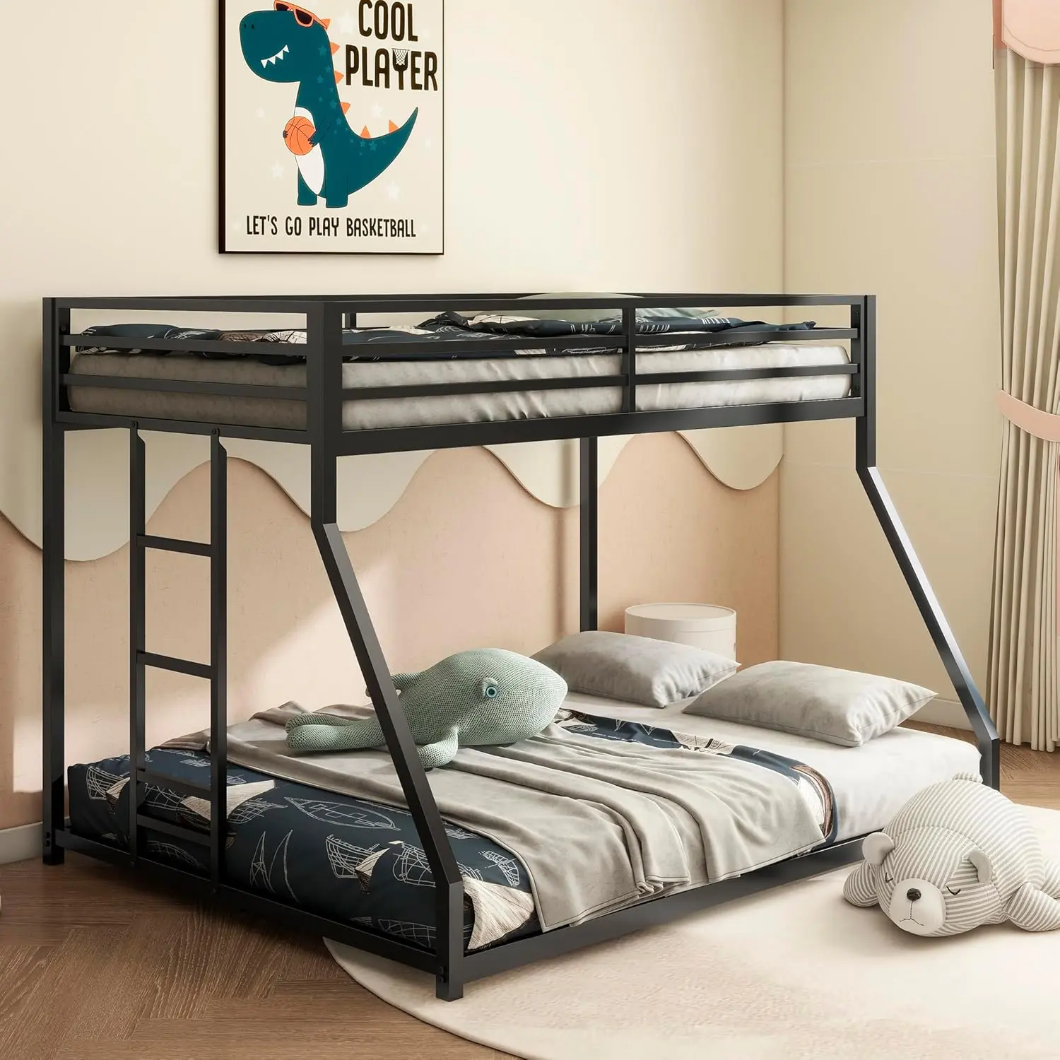 Twin Over Full Bunk Bed, Metal Bed Heavy Duty Solid Bunk Beds with Ladder for Adolescents/Adults, Low Profile Twin Over Full Size, No Box Spring Needed Double-Deck BunkBed Frame for Adults,Black