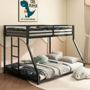 Twin Over Full Bunk Bed, Metal Bed Heavy Duty Solid Bunk Beds with Ladder for Adolescents/Adults, Low Profile Twin Over Full Size, No Box Spring Needed Double-Deck BunkBed Frame for Adults,Black