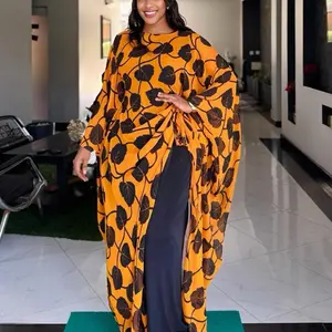 Abaya - Orange Leaf Print Long Sleeve Maxi Dress with Black Bottoms for Women