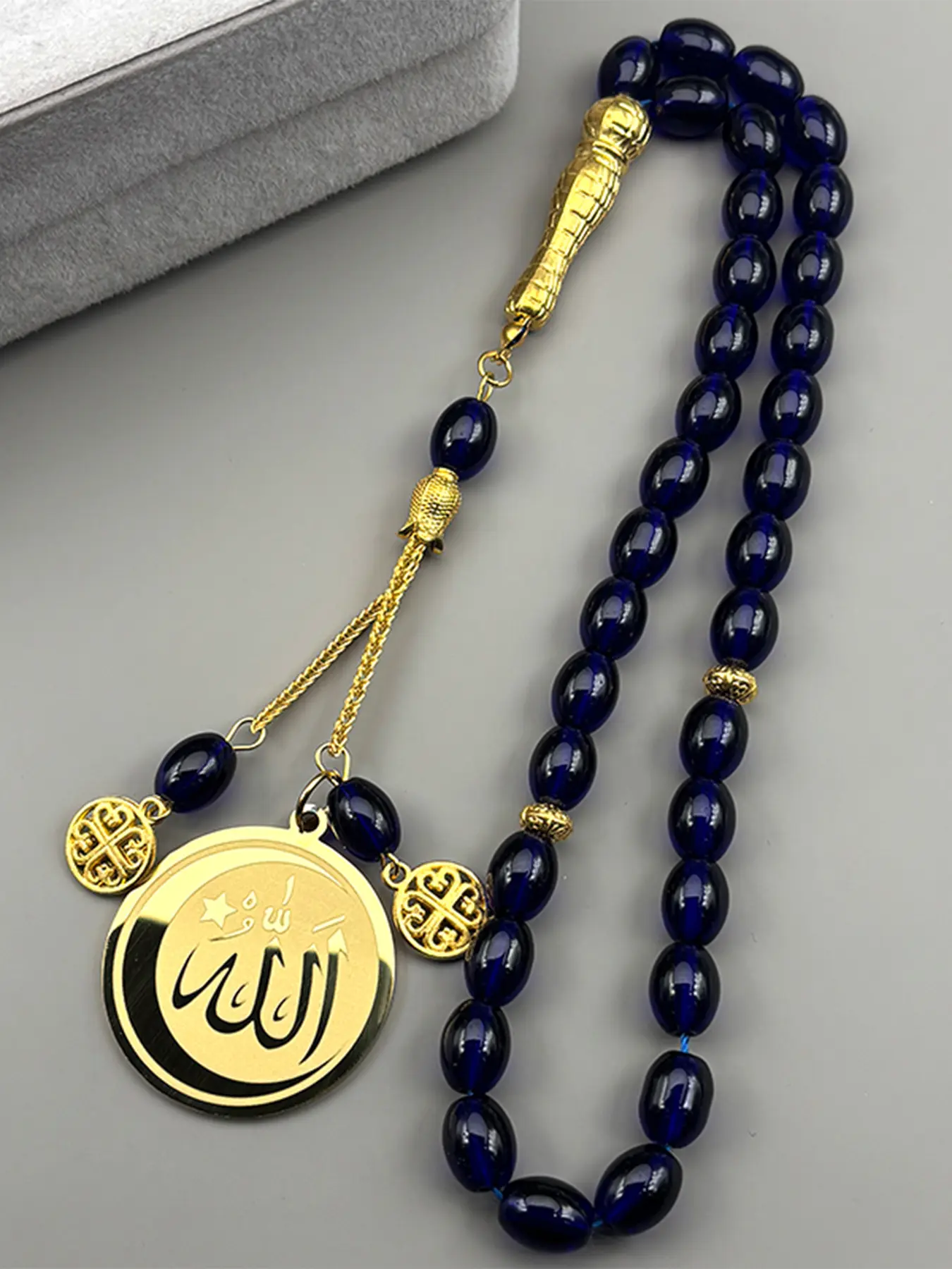Muslim Islamic Quran Allah Crescent Moon Star Car Pendant Islamic Cultural Jewelry Stainless Steel 33 Blue Glass Prayer Beads Protection Amulet Arabic Gift Islamic Symbol Geometric Design