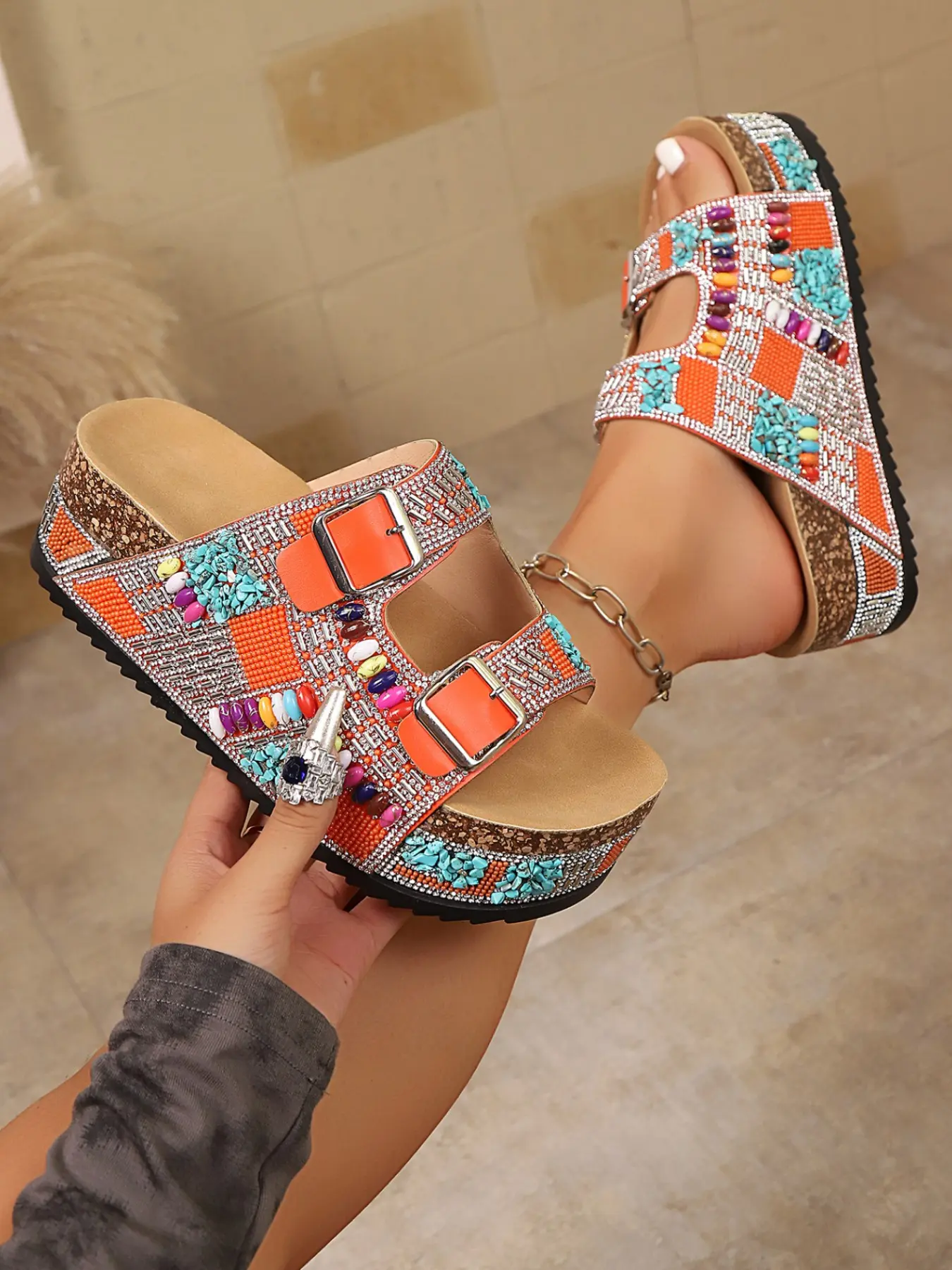 Women's Bohemian Style Summer Rhinestone Bead Thick Sole Slippers, Casual Slipper Sandals Fashion Plain PU Leather Rubber Sole Outdoor Wear Sandals Footwear Boho Style Slides
