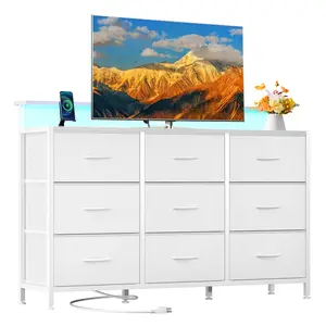 TV Stand Dresser with 9 Fabric Drawers and Open Shelves, Entertainment Center with LED Lights, Charging Station for Bedroom, Wood Top Media Console for 45-55 inch TV Stand with Storage