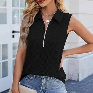 Women's Ribbed Tank Top Zipper V Neck Dressy Casual Blouses Sleeveless Camisole Tops Work Tank Polo Shirts, sleeveless tank top with a unique summer design, niche style, slim fit with zipper