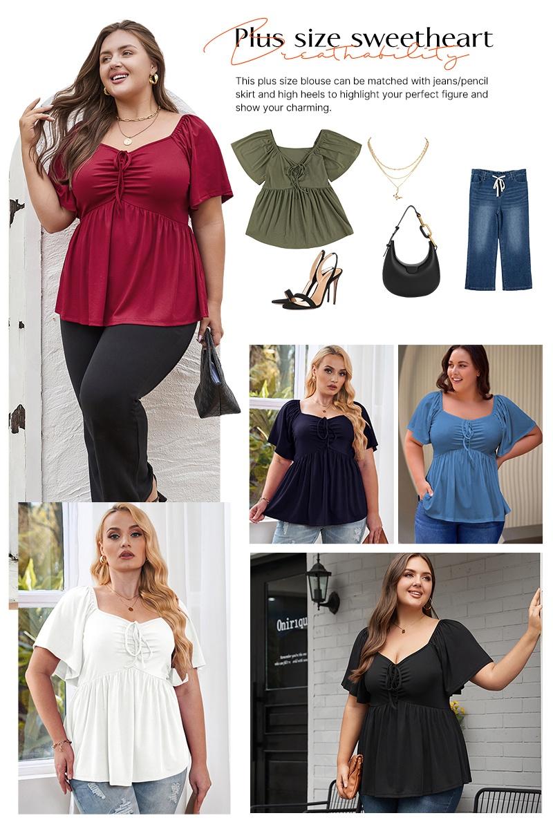 Eytino Women Plus Size Sweetheart Neck Short Sleeve Shirred Peplum Blouse Tops Shirts(1X-5X)