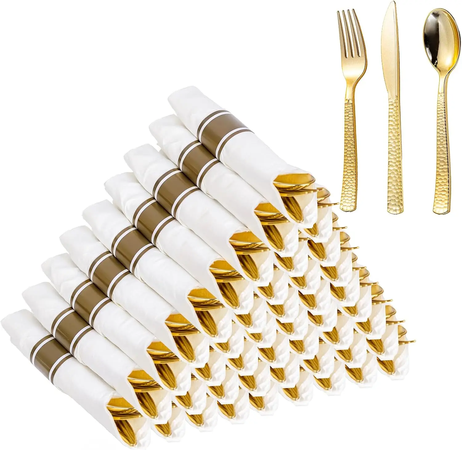 WELLIFE 100 Pack Gold Plastic Cutlery,Pre Rolled Silverware Set Disposable,Gold Disposable Utensils,Includes: 100 Forks, 100 Knives, 100 Spoons, 100 Napkins, Plastic Silverware