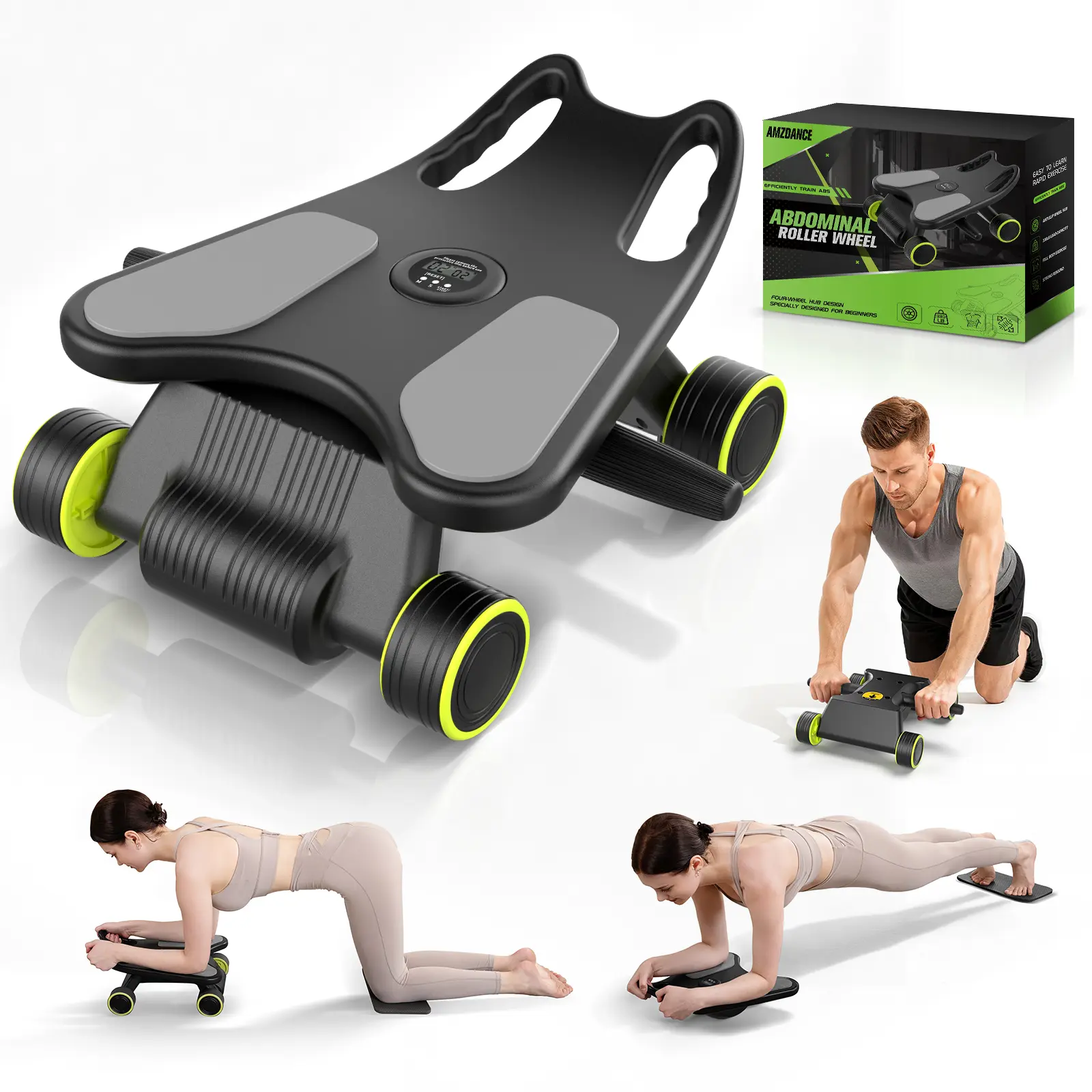 Abdominal Roller Wheel for Core Strength Training - Black & Green Design with Comfortable Grip Handles - Ideal for Home Workouts