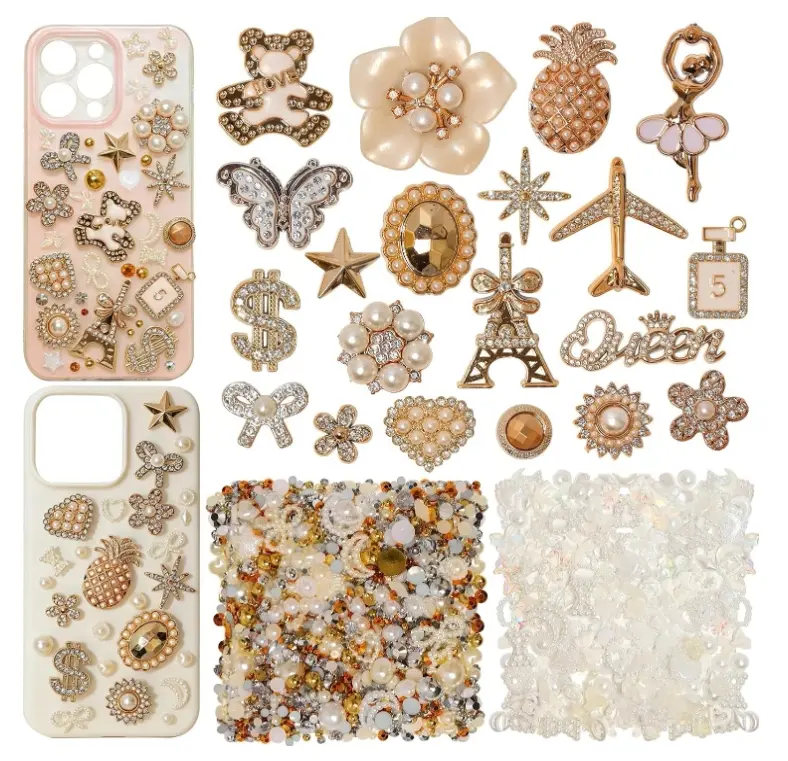 680Pcs Gold Junk Case Charms, 3D Resin Flatback Charms for Phone Case DIY Mixed multishapes: flowers, bears, butterflies, bows, hearts, pearls & more, elegant gold theme for vintage & boho styles