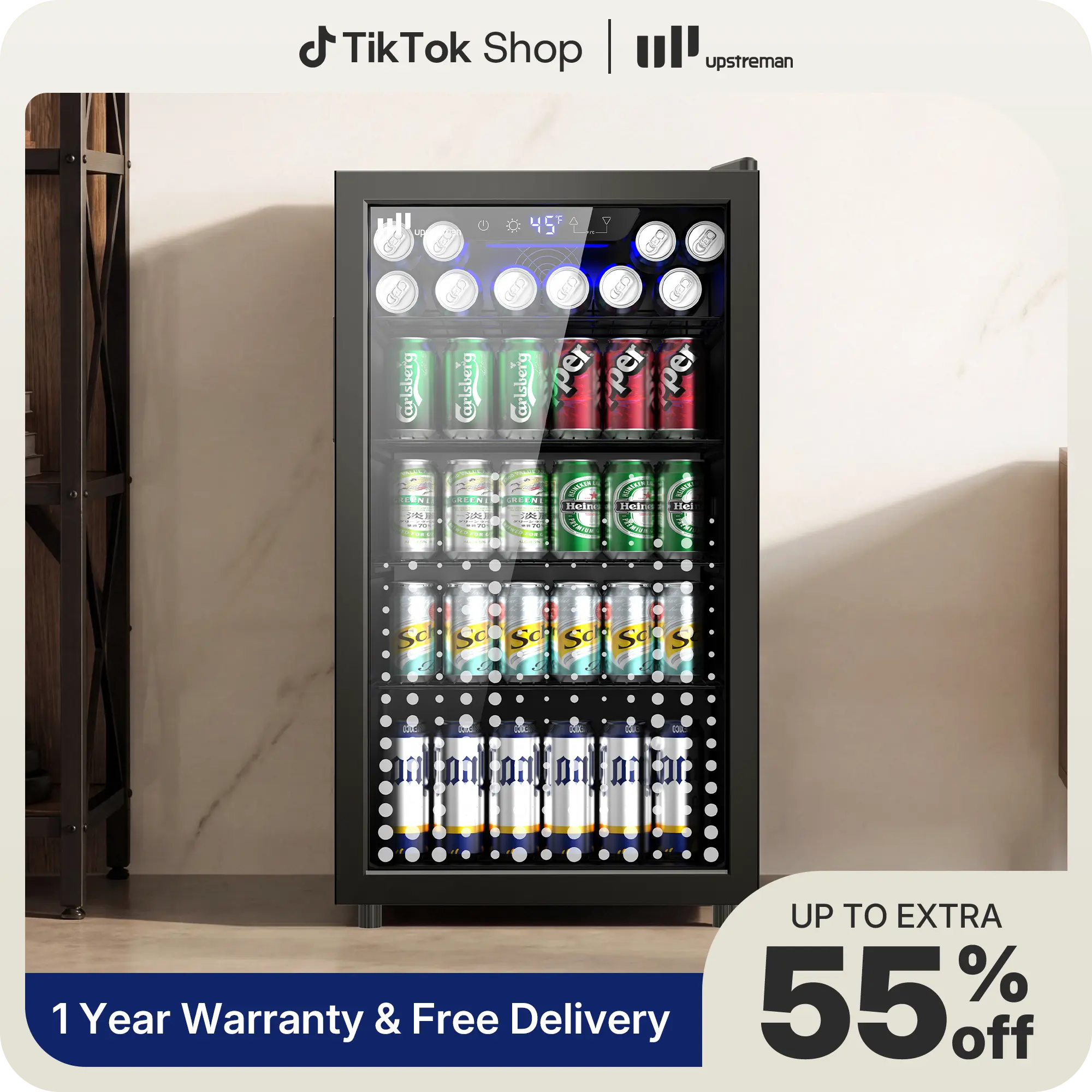 Upstreman 3.2 Cu.Ft Mini Fridge - 3.2 Cu.ft Cooler with 126-Can Tempered Glass Door, 32°F-60°F Adjustable Temp, Compact Design, Energy-Saving, Silent, Bubble Pattern, 18.5x17.5x32.8in, Black-B126 for Home Bar, Office