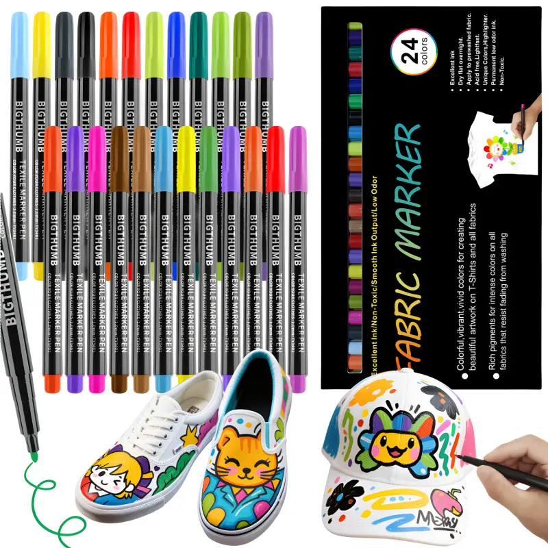 Fabric Markers Permanent For Clothes, 24 Colors Fabric Pens - Waterproof & Machine Washable, No Bleed Pens for T-Shirt, Canvas Shoes, Bags, Pillowcase, Fine Tip Clothing Markers for Laundry Marker, Drawing Markers, Drawing Art Supplies