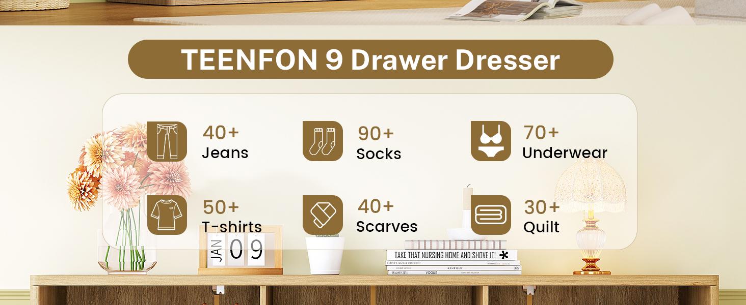 Modern Wooden  Fluted Dresser with 9 Drawers 53'' Wide Farmhouse Dressers with Faux Marble Top Wood Chests of Drawers with Gold Handle & Curved Profile Dresser for Bedroom  Cupboard