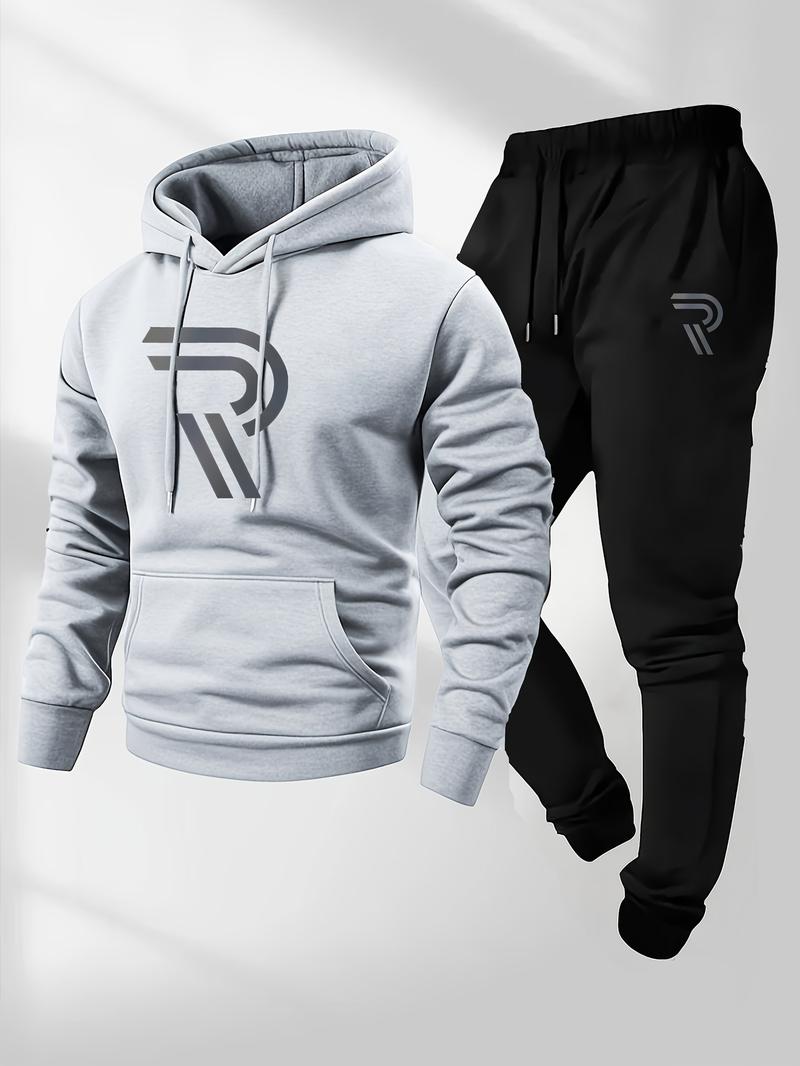 Men's sports two-piece hooded sweatshirt and pants set - gray with black logo, non stretch fabric, regular style, pocket, suitable for autumn and winter, casual wear | hooded sweatshirt | pocket pants, sweater hooded sweatshirt