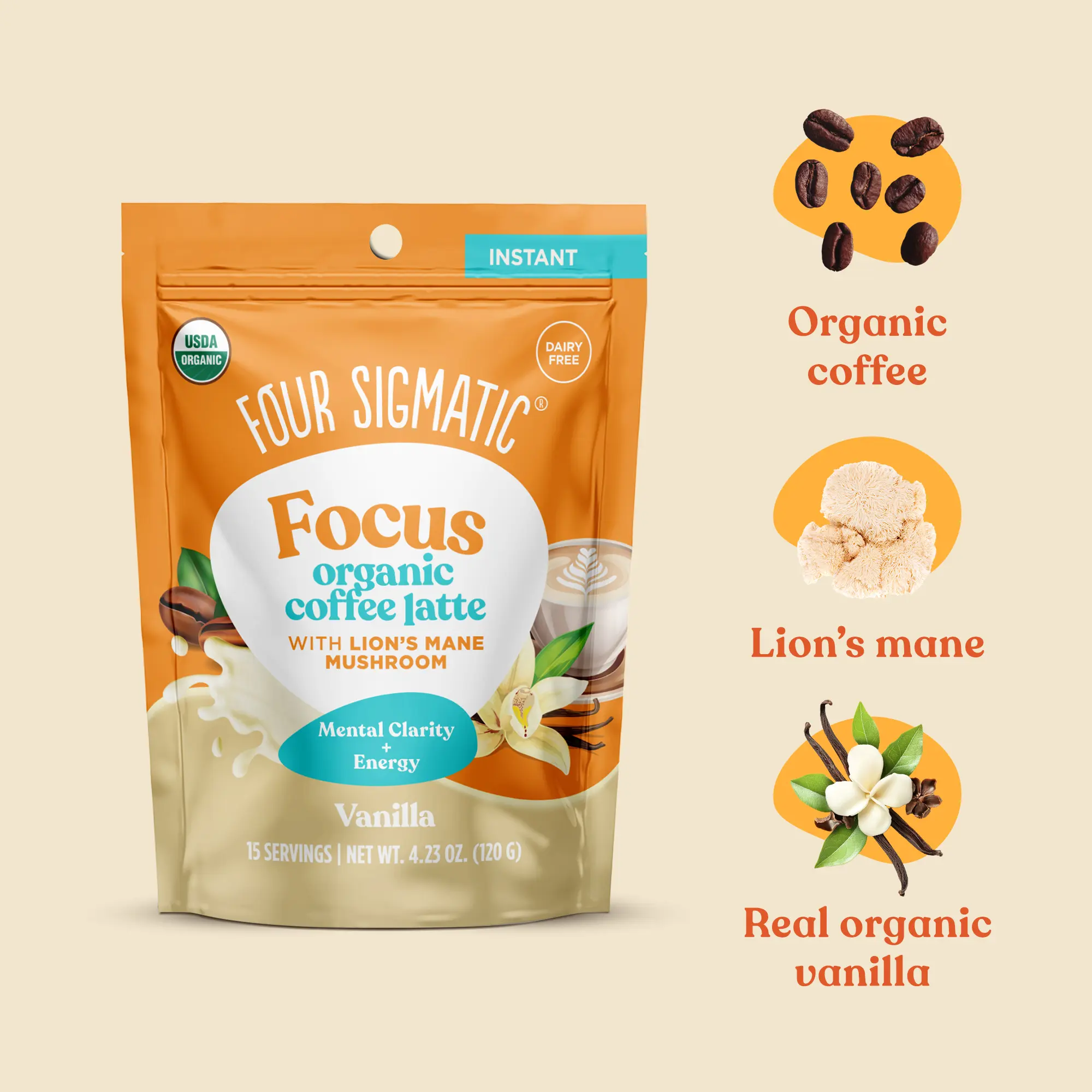 Four Sigmatic - Focus Organic Coffee Latte - Vanilla, 15 servings, 4.23 oz