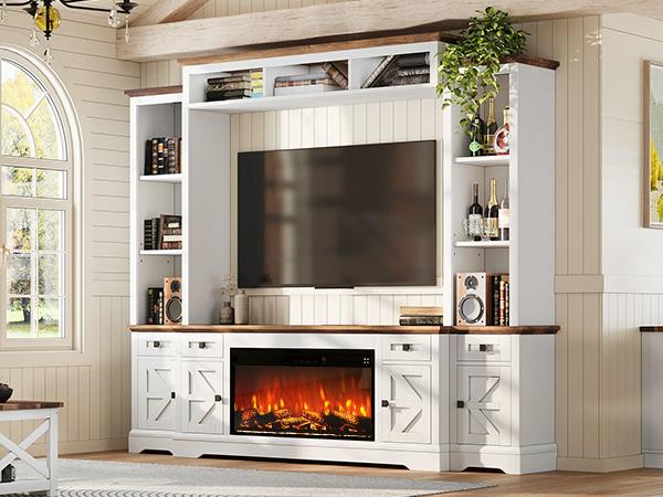 [Ships in 3 Boxes] AMERLIFE 98in Farmhouse Wall Unit TV Stand with 36" Fireplace, Bookshelves, Wine Cabinet, Fits 78" TVs, Large Entertainment Center with Power Outlets & Drawers, Media Console, Living Room/Best Gift Ideas/Christmas Gifts