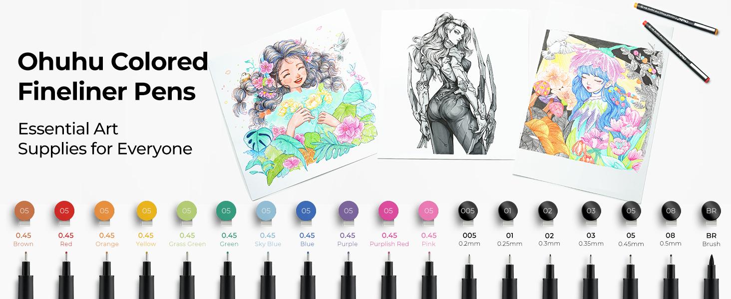 Ohuhu Colored Fineliner Drawing Pens: 18 Packs Fineliners - 11 Colored Pens & 7 Assorted Point Sizes Black Micro Pen Waterproof for Drawing Sketching Anime Manga Artists Beginners - Hana Highway Series of Ohuhuart