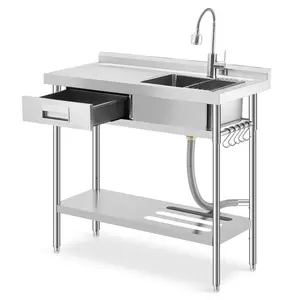 Garvee 39.4"x23.6"x31.5" Stainless Steel Utility Sink with Single Bowl, Left Drawer, Pull-Out Hot & Cold Faucet, Drain Basket, and Dish Rack - Ideal for Laundry Room, Garage, and Kitchen