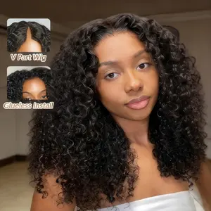 Mamushow Curly V Part Wig Human Hair for Black Women 180% Density V Part Wigs No Glue No Sew in Natural Color Half Wig Deep Wig 180% density brazilian human hair wig