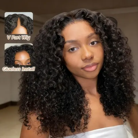 Mamushow Curly V Part Wig Human Hair for Black Women 180% Density V Part Wigs No Glue No Sew in Natural Color Half Wig Deep Wig 180% density brazilian human hair wig