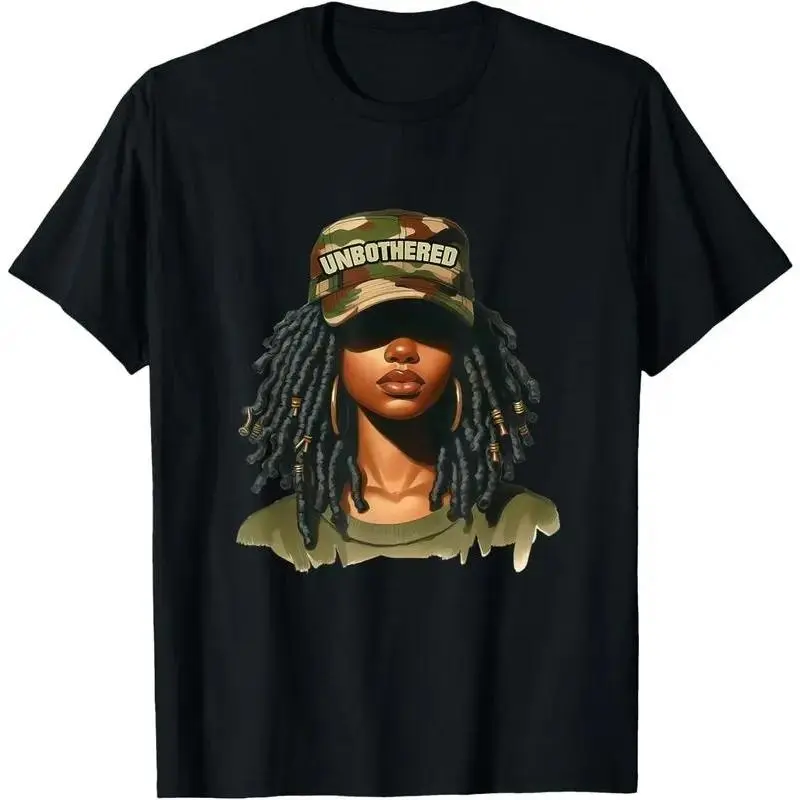 100% Cotton Melanin Unbothered Black Woman Locs Camo Black History Month T-Shirt Top Vintage Womenswear Everyday women's graphic tees