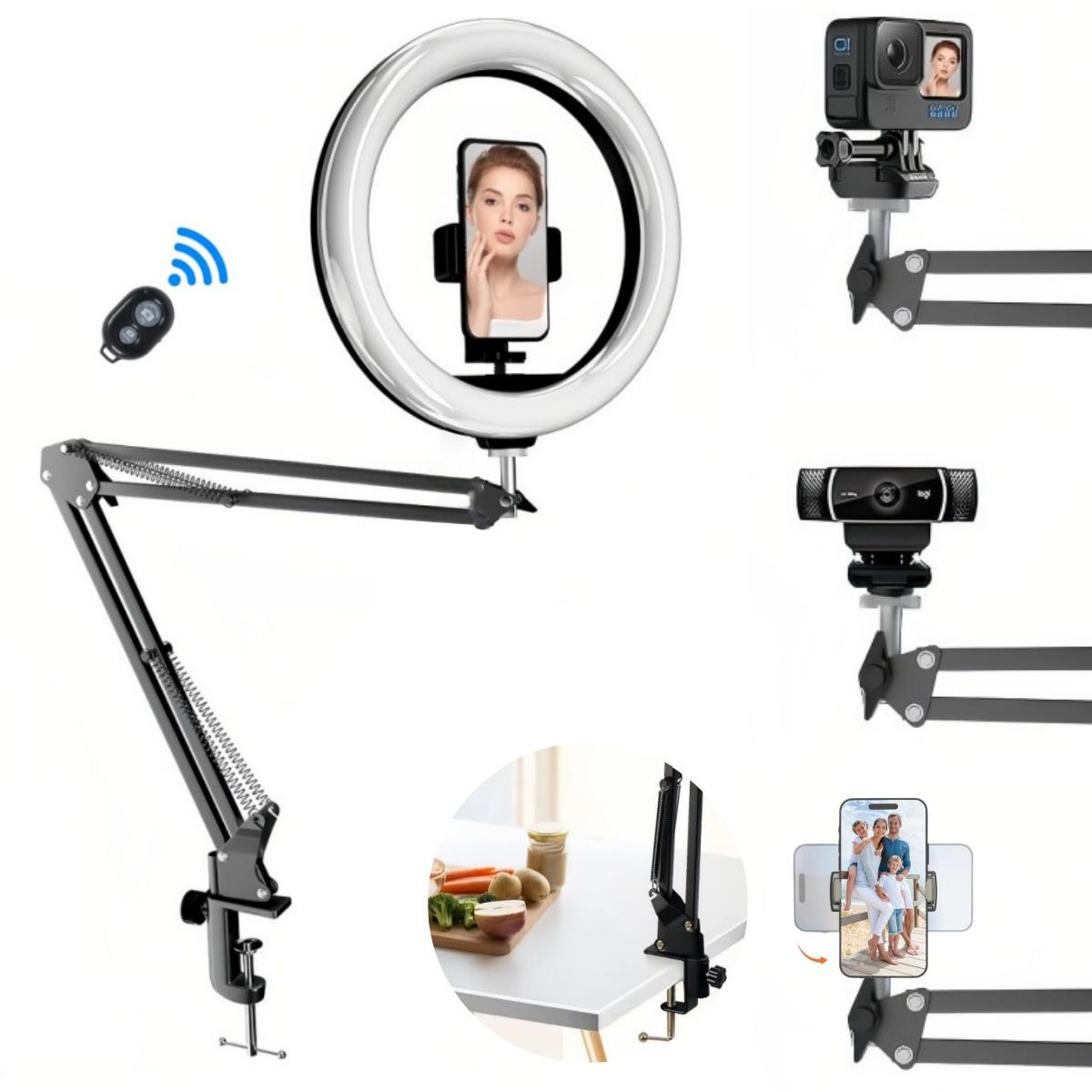 Adjustable Mechanical Arm Phone Mount with 10" Dimmable Ring Light & Remote, LED Selfie Ring Light for Desk with Phone Holder Fill Lamp, 1/4" for Camera, Universal For 4.7-7" Phone, for Selfie YouTube Tiktok Live Stream Cooking Video Recording Vlog
