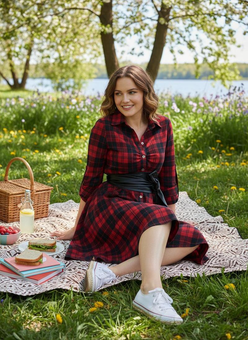 1950S 3/4 Sleeve Plaid Belt Dress Casual Outfits Women Collared Black Vintage Check Leather Womenswear