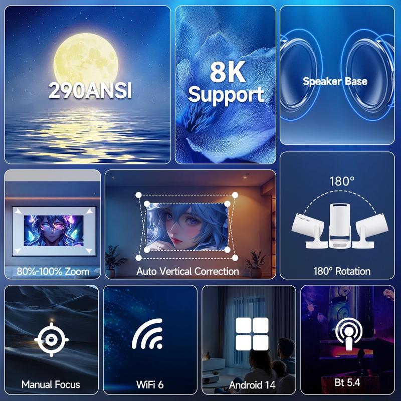 Magcubic Android 14.0 HY300Pro+ Projector Dual WIFI6 290ANSI BT5.4 8K Videosource Supported Native 1280*720P 0.8:1 Throw Ratio Built-in Speaker & Appstore Allwinner H726 Home Cinema Mini Smart Portable Upgraded HY300Pro