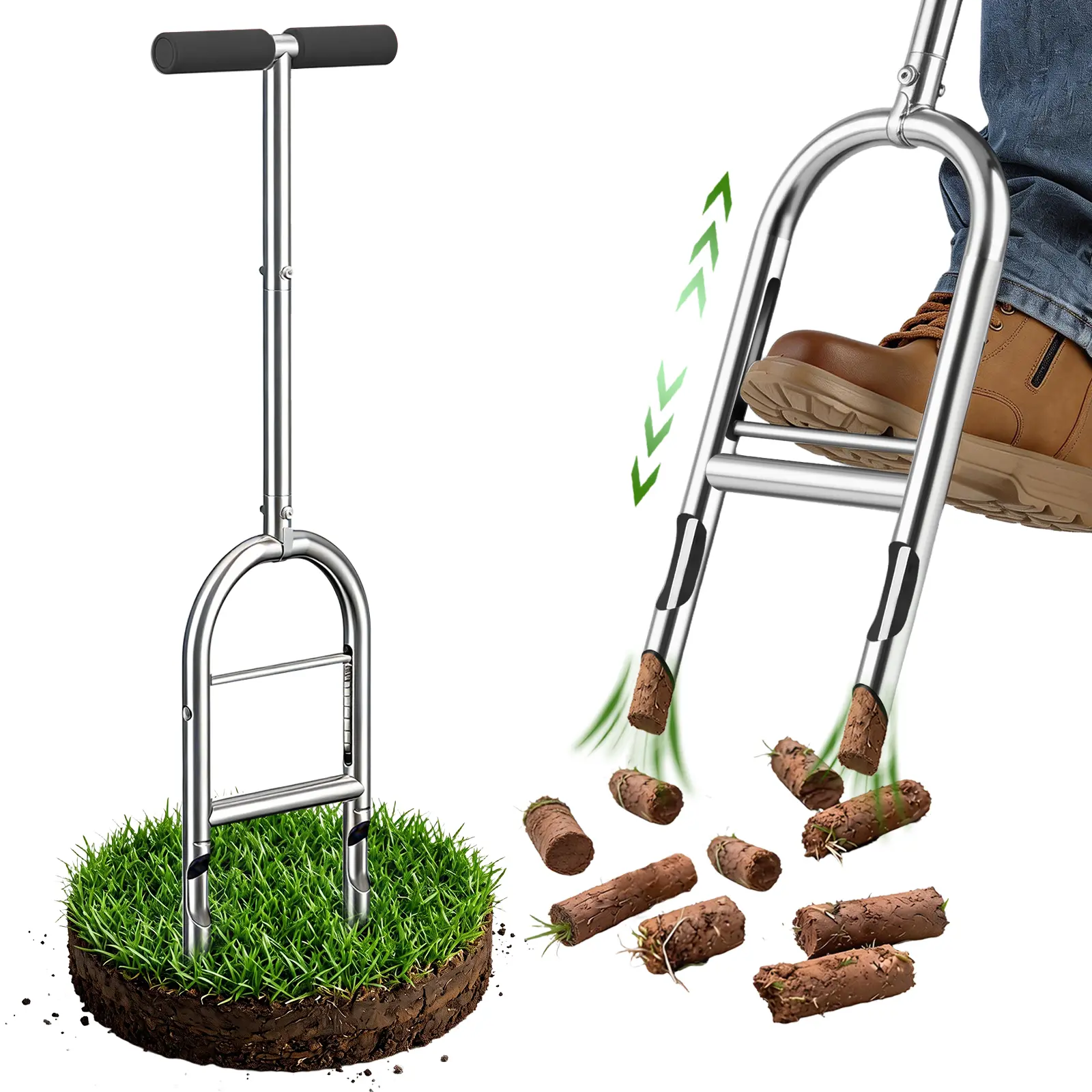 EKIORI Manual Lawn Aerator with Patented Step-to-Eject System - Heavy-Duty Steel Core Aerator Tool for Clog-Free Soil Plugging, Easy DIY Lawn Care for Greener Grass