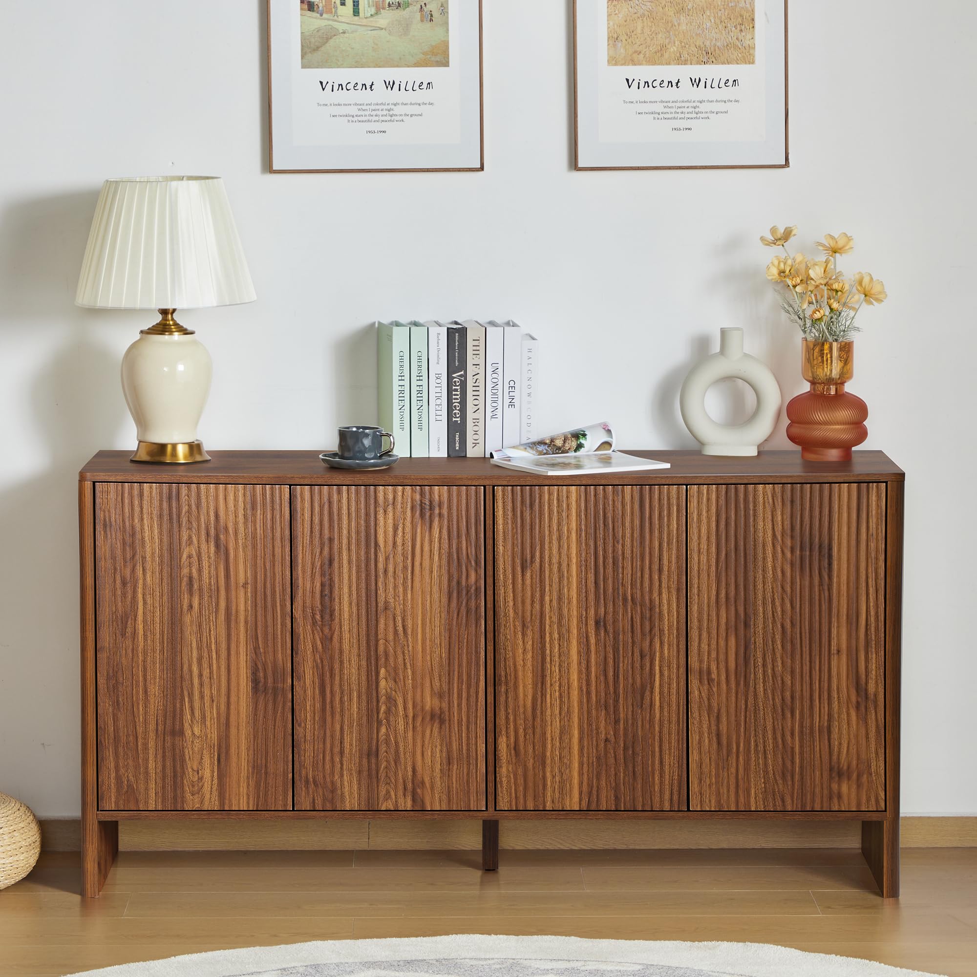 Giratree 57.87" Sideboard Buffets Cabinet, Modern Accent Storage Cabinet with 4 Fluted Doors and Adjustable Shelves, Wood Credenza Buffet Sideboards, Console Table for Kitchen Dining Living Room Entryway