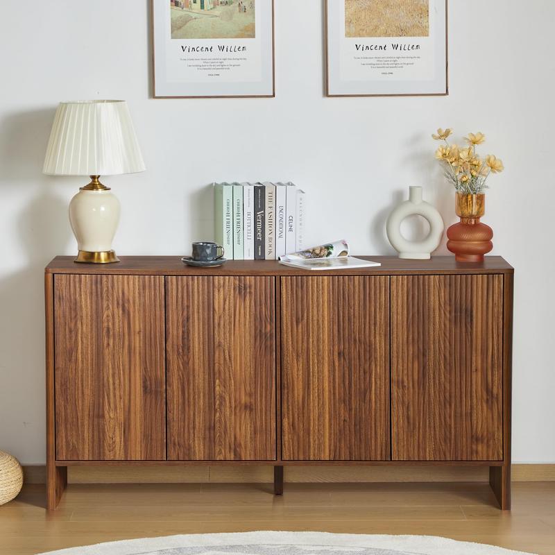 Giratree 57.87" Sideboard Buffets Cabinet, Modern Accent Storage Cabinet with 4 Fluted Doors and Adjustable Shelves, Wood Credenza Buffet Sideboards, Console Table for Kitchen Dining Living Room Entryway