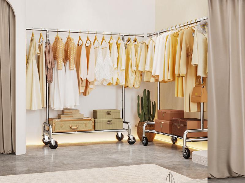 Raybee Heavy Duty Clothes Rack Load 450 LBS, Clothing Racks for Hanging Clothes Rolling Garment Rack with Wheels & Shelf,Portable & Adjustable Coat Rack ,Chrome, Golden