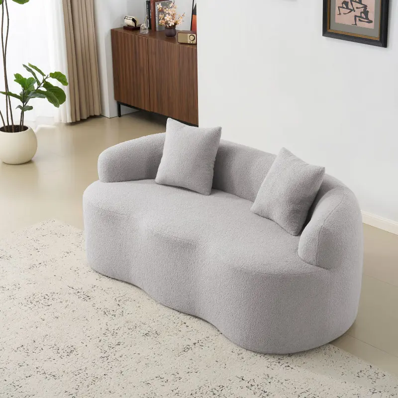 Modern 2-Seat Grey Arc-Shape Comfy Loveseat Sofa - Round Fixed Arms, Durable Sponge & Polyurethane Foam Cushions, 2 Pillows, Pre-Assembled Versatile & Stylish Small-Space Indoor Furniture for Living Room, Bedroom, Office, Two Seats
