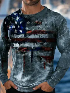 Men's American Flag Vintage Printed Long Sleeved T-Shirt - Retro Style Casual Top, Comfortable Fit, Trendy and Personalized Design graphic tees Outfit Clothes Streetwear Crewneck Menswear Classic Tshirt Stylish Gamis