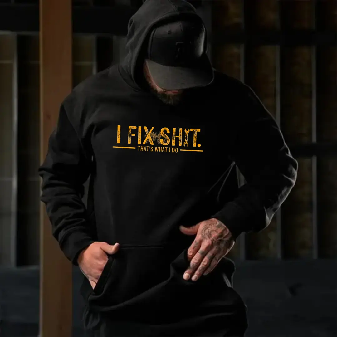 Men's "I Fix Sh*t" Graphic Hoodie - Ultra-Soft Funny Mechanic Menswear Clothes, Smooth Oversized Garment with Vintage Vibes, Relaxed Cut (Sports & Outdoor Top), Matching, Varsity, Casual, Tops, Print, Sweatshirts, Long Sleeve, Classic, Tee, Relaxed Wear,,