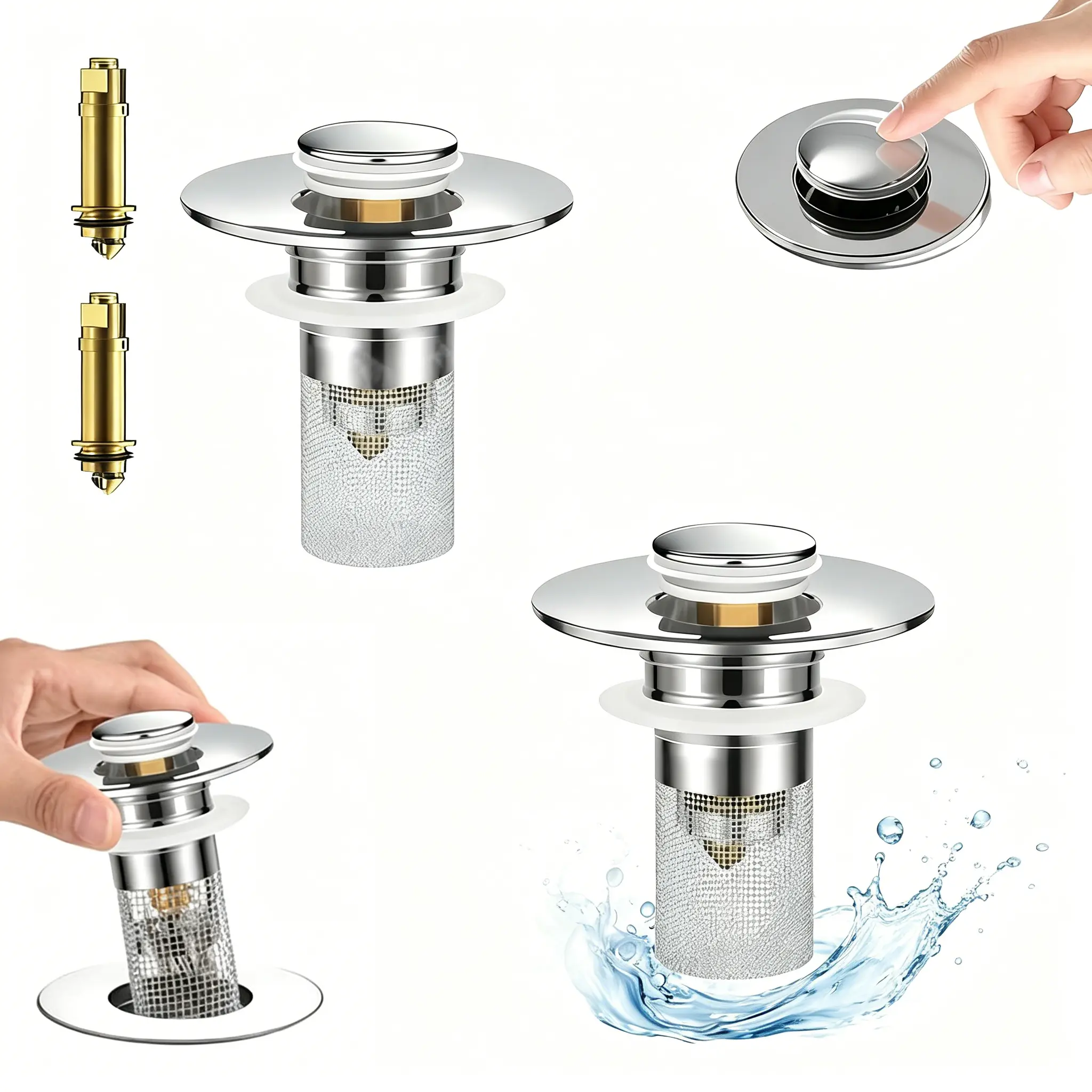 Stainless Steel Universal Sink Stopper，Bathroom Sink Stopper Hair Catcher, Bathroom Sink Drain Strainer, Pop Up Sink Drain Filter with Removable Stainless Steel Filter Basket Hair Catcher for US Bathroom Sink Stopper Replacement