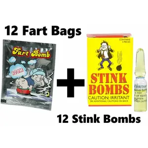12 GLASS STINK BOMBS + 12 FART BAGS - Gag Prank Joke ~ COMBO SET!