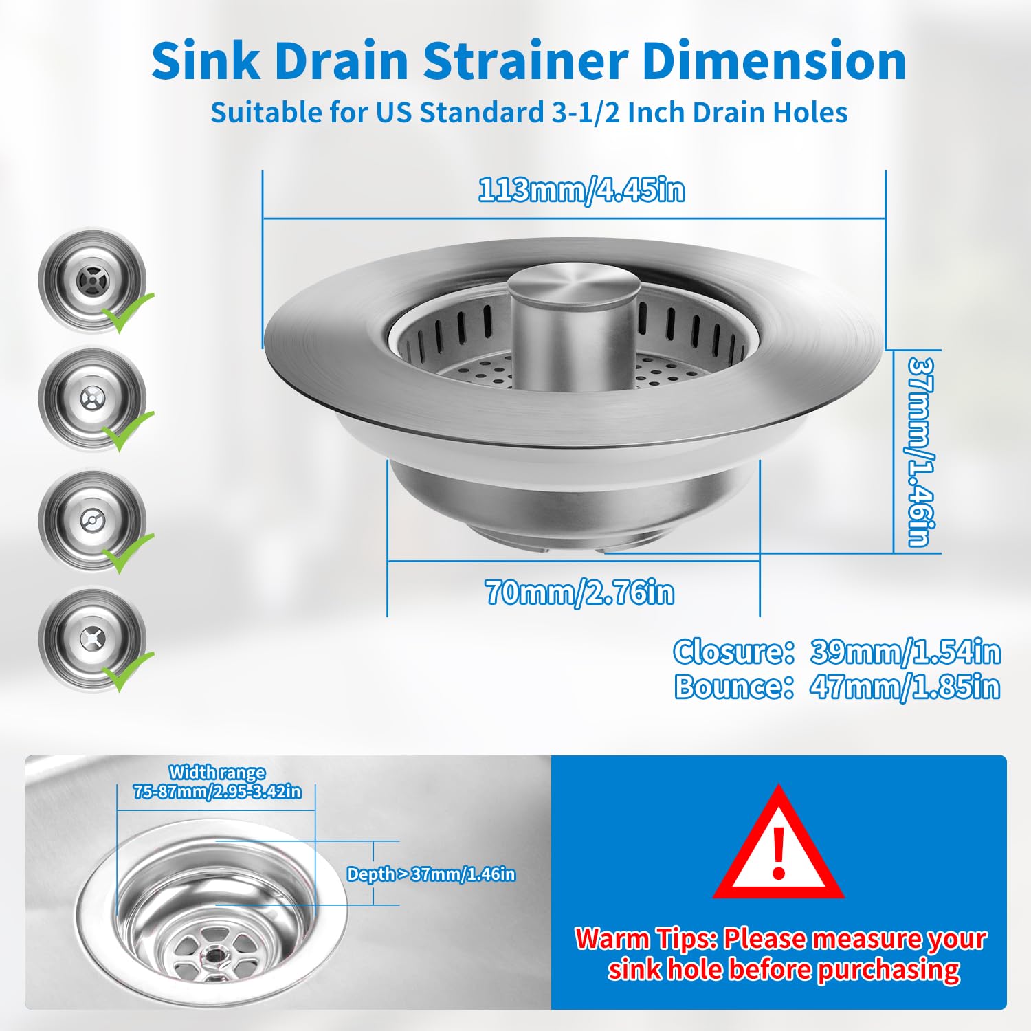 2PC Kitchen Sink Drain Strainer 3 in 1 304 Stainless Steel Pop-UpSink Stopper with Filter Basket, Anti-Clogging Function,Tool-Free Installation
