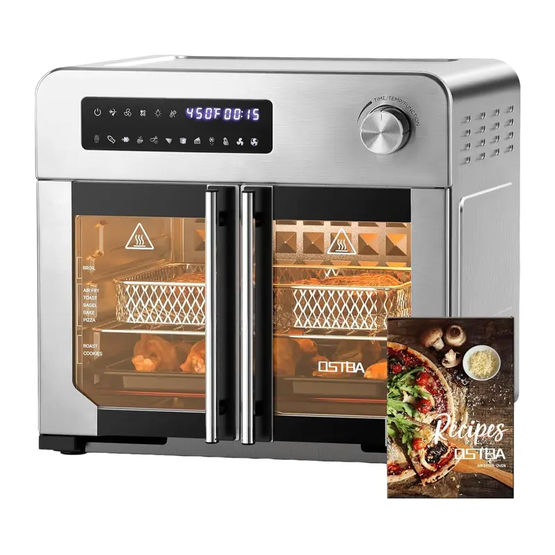 OSTBA French Door Air Fryer Toaster Oven - 24QT Extra Large 10-in-1 Countertop Convection Oven for Family, 30% Faster Cooking, 90% Less Oil, Digital Display & Analog Controls, Warm Function, 102 Recipes, 7 Accessories, Supports Healthy Eating