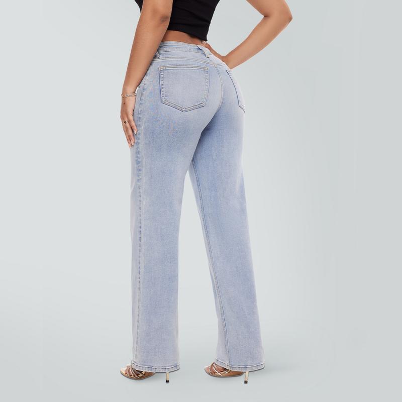 SHAPUM Mid-low Rise Women Baggy Jeans Casual Stretchy Loose Fit Straight Leg Jeans Distressed Pocket Wide Leg Long Denim Pants Comfortable Casual Floor-Length Trousers XS-XL