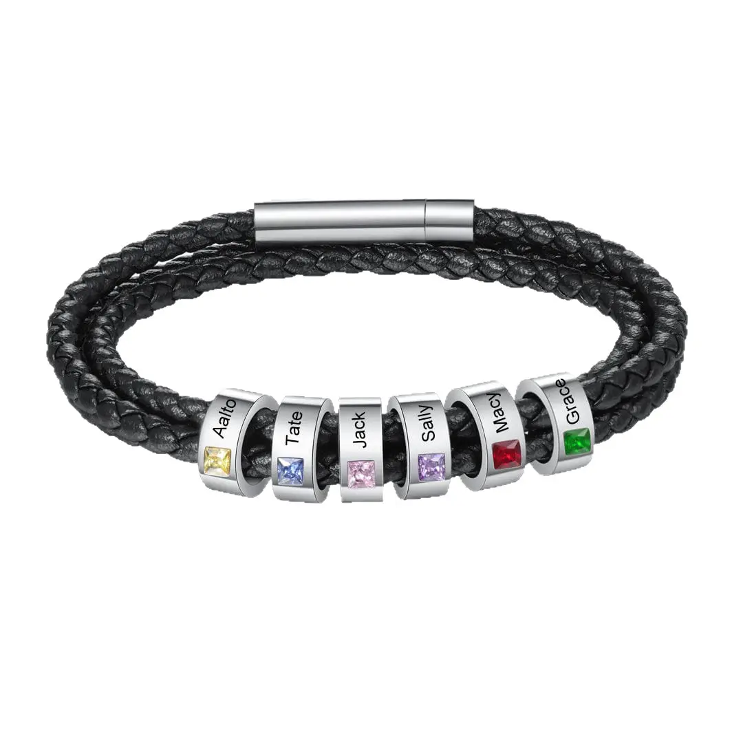 AS612 Father's Day Gift Custom Engraving Name Beaded Bracelet Black Leather Rope DIY Birthstone Woven Bracelet Men