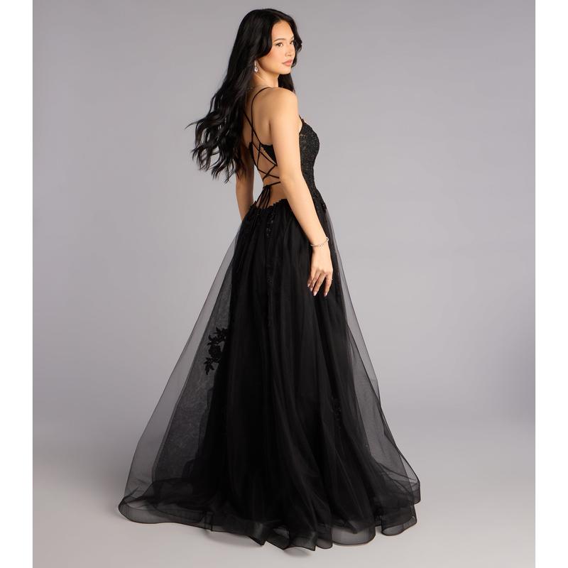 Caitlin Lace-Up Applique A-Line Formal Dress
