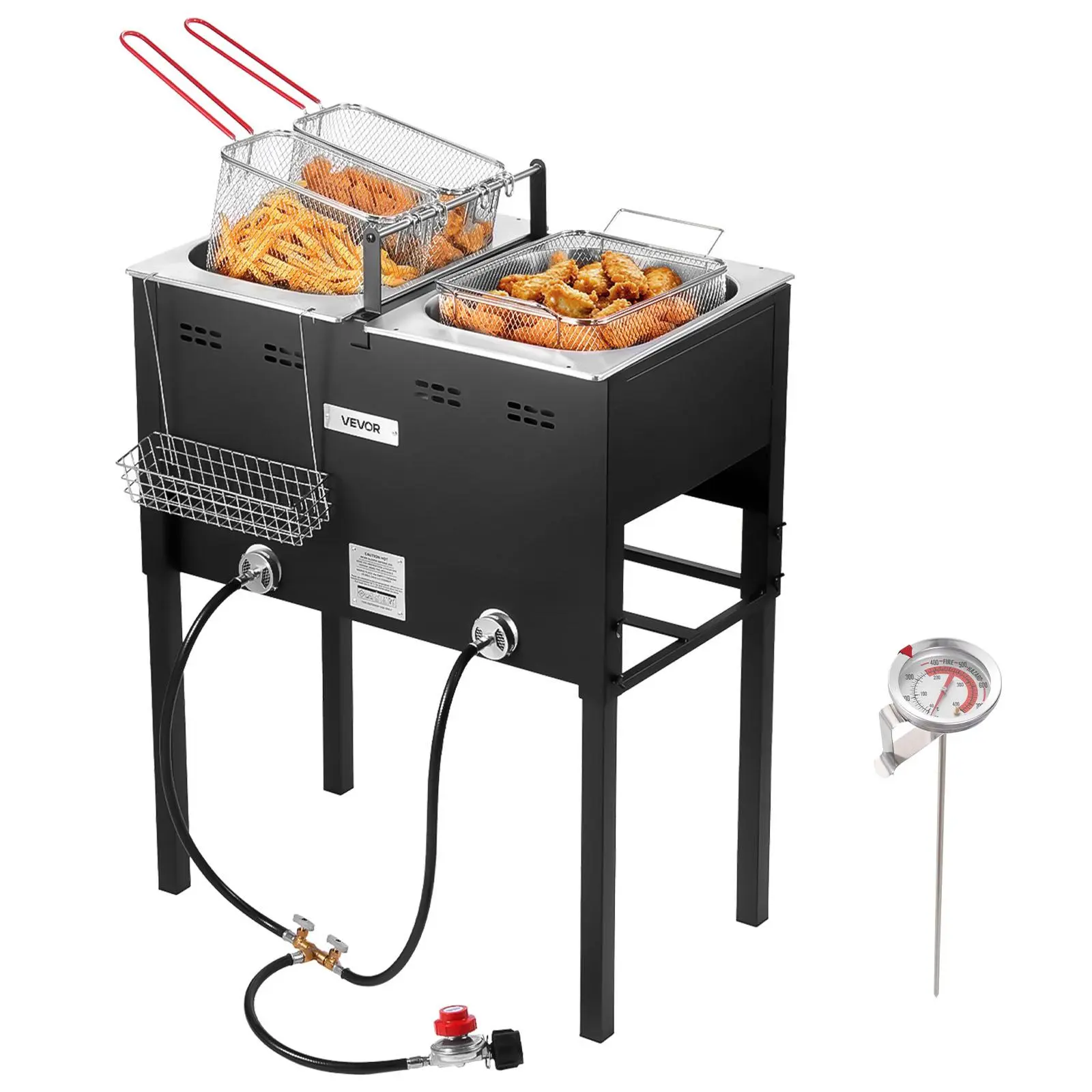 【Summerfinds】VEVOR Outdoor Propane Deep Fryer,  , Dual-Tank 16QTx2 Large Capacity Commercial Fryer, Stainless Steel Fish Cooker with 3 Basket, Thermometer, Floor Standing Fryers for Catering Event Camping, 50,000 BTU