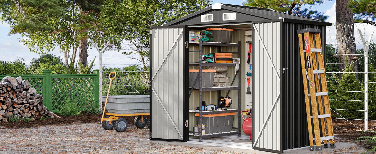 Aoxun Outdoor Storage Shed Metal Garden Tool Shed with Sloping Roof Lockable Door for Patio Lawn Backyard Black Organizer for Garden Tools & Shelf Organization