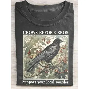 Vintage Crow Graphic T-Shirt “Crows Before Bros” – Nature-Inspired Illustration Tee with Dark Aesthetic Casual Style
