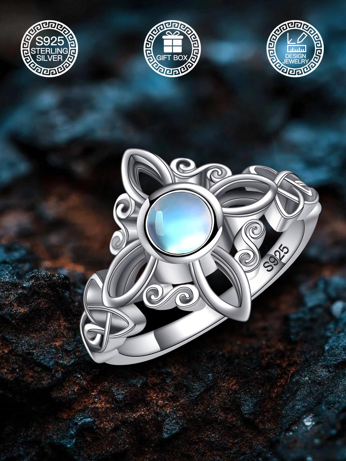 S925 Sterling Silver Celtic Knot Moonstone Ring – Elegant Vintage Floral Design for Women Jewelry Gift Box, Everyday Wear Engagement Rings
