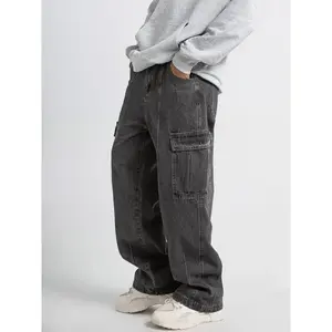 Men's Casual Jeans With Multiple Pockets, Straight Tube, Loose Fit, Slimming And Wide Leg Workwear Jeans, Street Hop, Street Dance, Skateboarding, Denim Pants