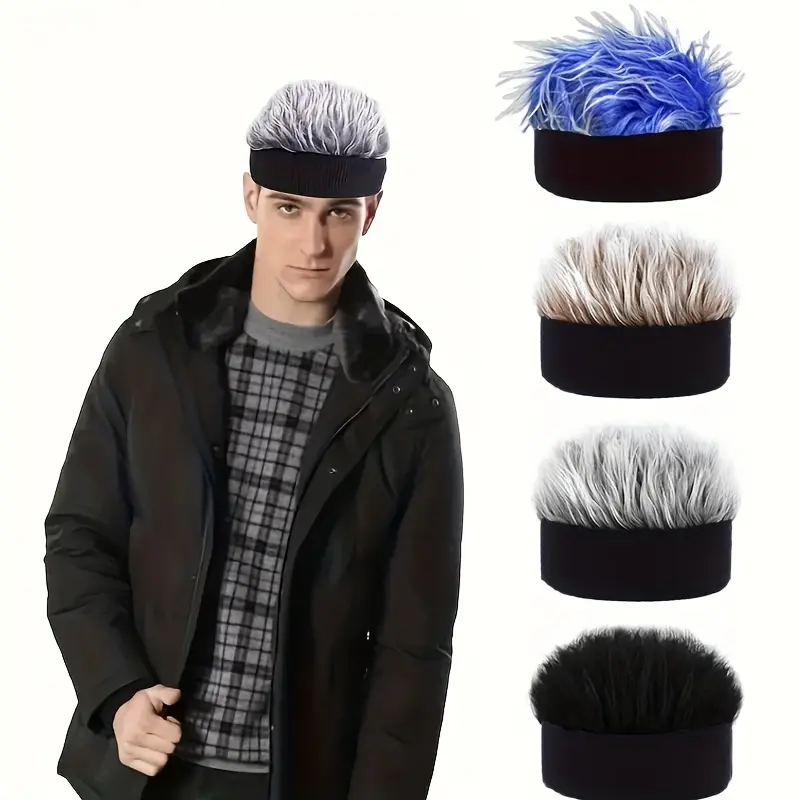 Buy 1 Get 1 FREE! Male Polyester Fabric Synthetic Hair Headband Wigs - Comfy Adjustable Strap Beanie Wigs with Sun Visor, UV Protection Sports Cap (Perfect for Parties, Outdoor Activities) | Custom Color Request in Order Notes, Lightweight Party Wear