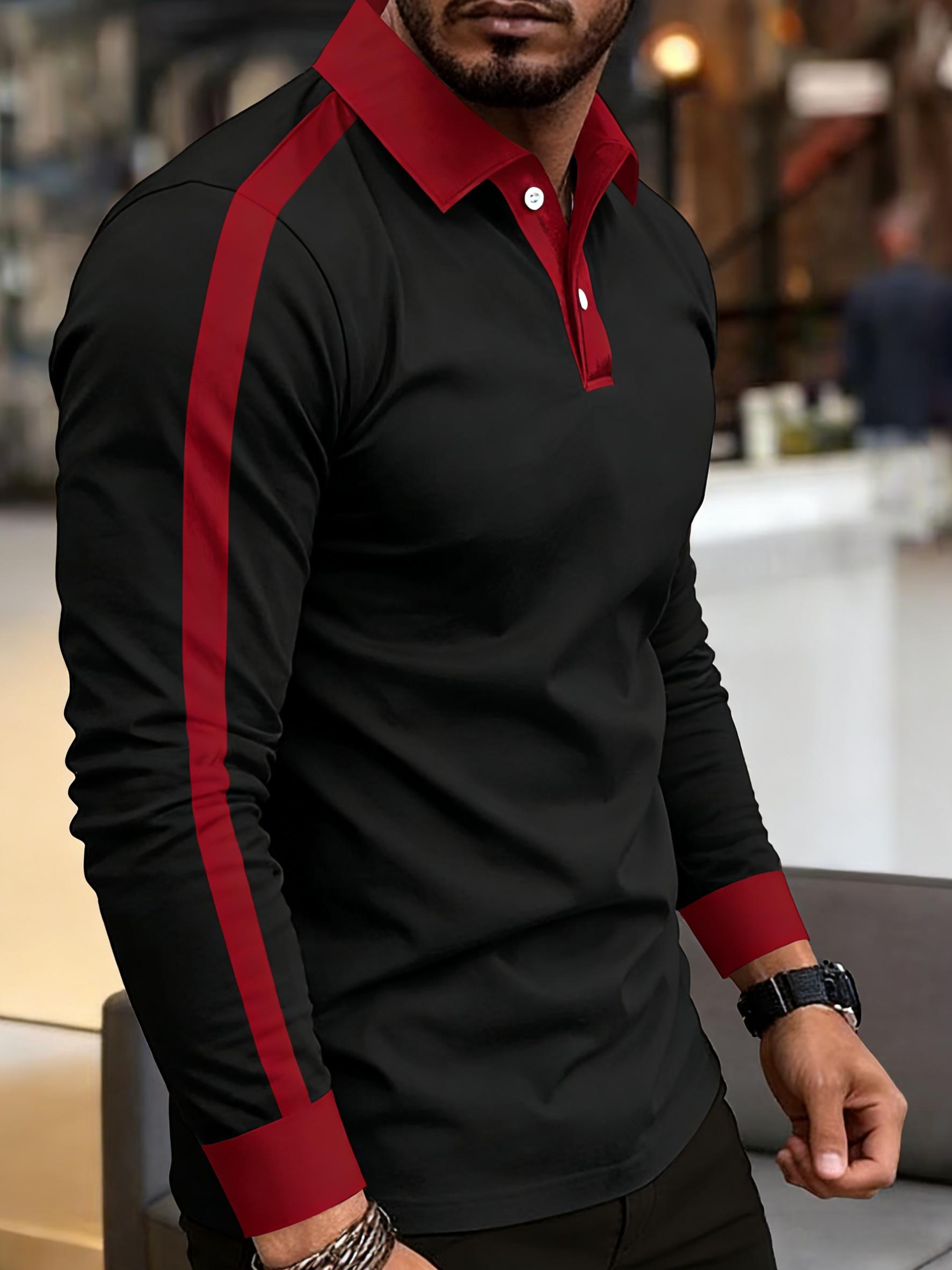 2026 Men's slim-fit long-sleeve polo shirt, made from soft and comfortable fabric, featuring a red and black contrast double-button collar, color-blocked cuffs, and side stripe accents, perfect for everyday wear and casual styling.