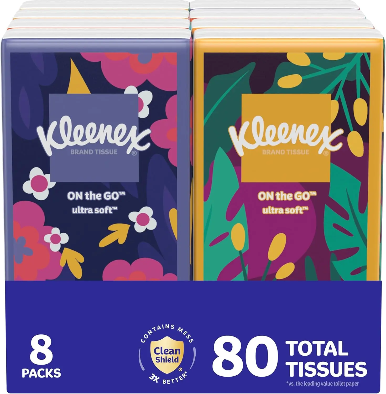 Kleenex Water Absorbent Tissues Travel Packs, 8 Portable 3-Ply Units, 10 Count per Unit, 80 Total, Packaging May Vary