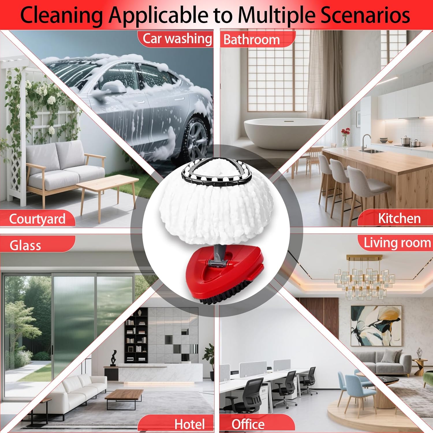 5 Pack Microfiber Spin Mop Replacement Heads for O Cedar 1-Tank System, Adjustable 30-58" Lightweight Stainless Steel Handle, Scrub Brush Base Combo, Machine Washable for Bathroom & Kitchen Cleaning