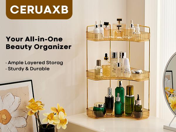 UFORU 3 Tiers Corner Bathroom Counter Organizer, Clear Countertop Shelf Storage Rack, Cosmetic Perfume Tray Standing Holder with Gold Metal Pole, Skincare Sink Organizer for Vanity Kitchen Transparent Smooth