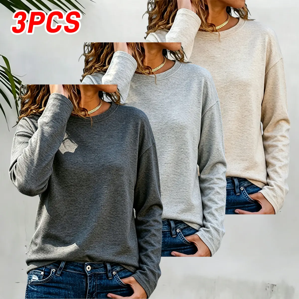 Women’s 3-Pack Crewneck Long-Sleeve Sweatshirts - Soft Polyester Blend Basic Solid Pullovers, Loose Cut, Lightweight Women’s Clothes for Streetwear, Home Leisure, Long Sleeve Shirt